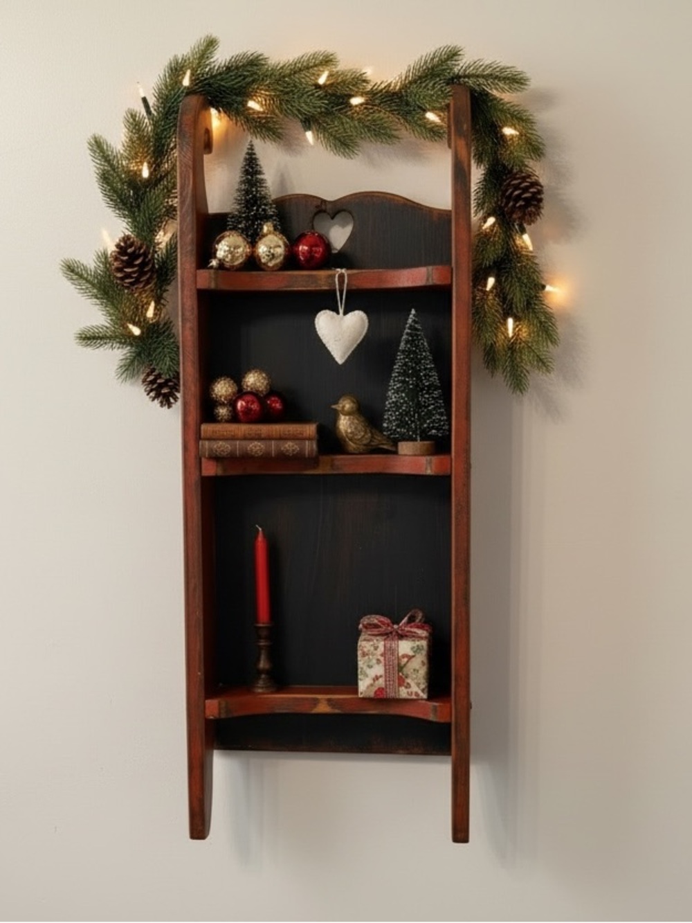 Vtg Handmade Distressed Sled Shaped Wooden Wall Shelf Country Hearts Christmas